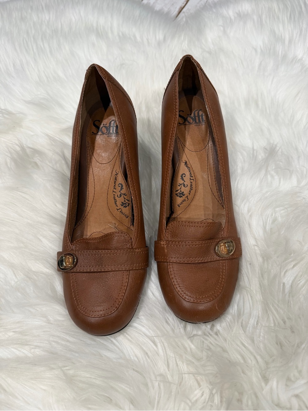 Sofft Cognac Brown Leather Loafers with Gold-Tone Buckle